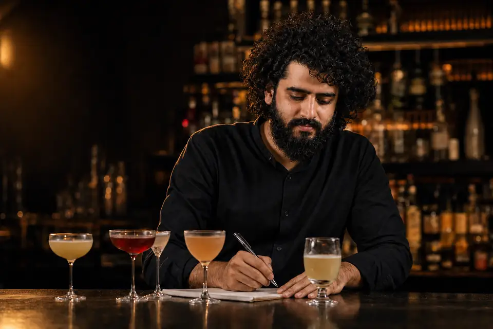 Mayur Marne judging cocktails and recording tasting notes